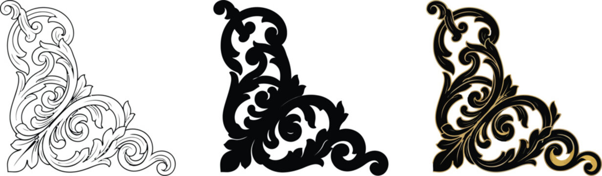 Vintage baroque corner ornaments, ornate victorian scroll frame elements, set of 3 decorative acanthus leaf vector illustrations