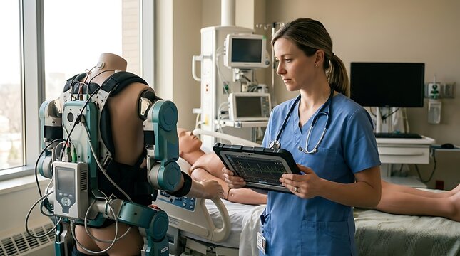 A nurse reviews digital data on a tablet while monitoring a robotic exoskeleton medical device with physical rehabilitation training mannequin wearing robotic