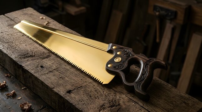 Golden Hand Saw on Wooden Workbench in Workshop