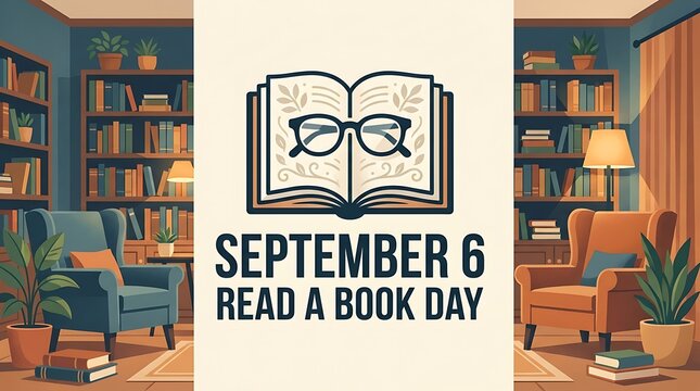September 6 Read A Book Day celebration graphic with an open book and reading glasses on a cozy library background
