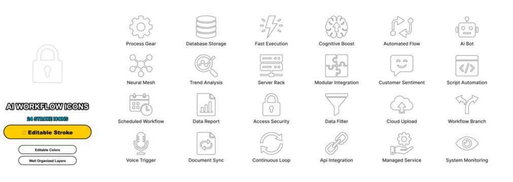 AI workflow technology line icon set with editable stroke. Automated machine learning pipeline, artificial intelligence process, data model training for web ui design.