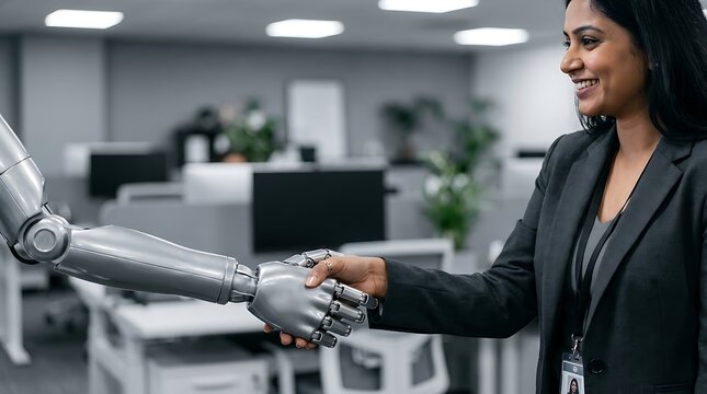 A smiling businesswoman shakes hands with a mechanical robotic arm in a modern office environment with professional woman suit handshake inside office