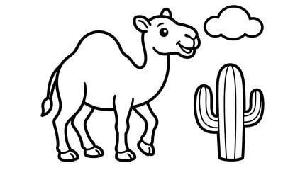 Fototapeta premium Cute camel cartoon character standing next to a desert cactus for coloring page design.
