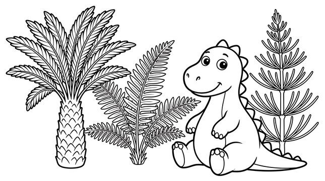 Cute cartoon dinosaur sitting in a prehistoric jungle landscape for coloring page design