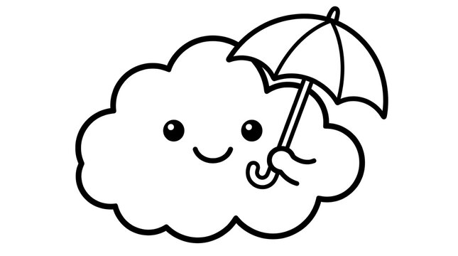 Cute cartoon cloud character holding a small umbrella, simple black and white line art.