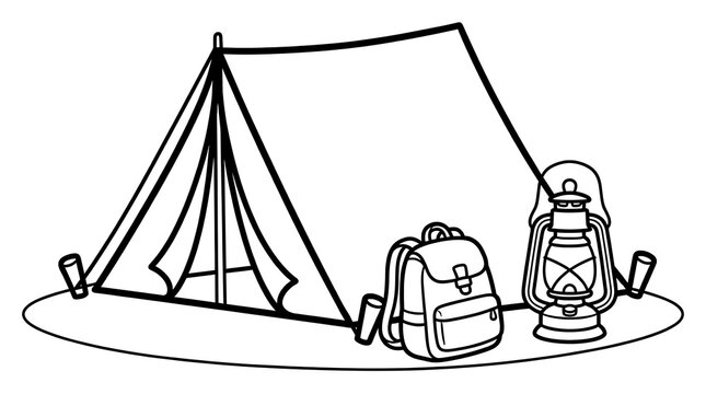 Camping tent with backpack and lantern line art illustration for outdoor travel design