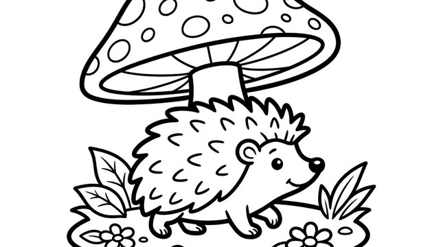 Cute hedgehog walking under a large mushroom, black and white coloring page for kids.