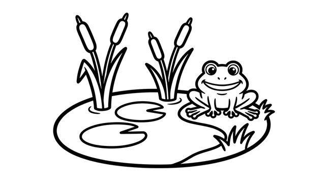 Cute frog by a pond coloring page for kids, simple black and white line art illustration.