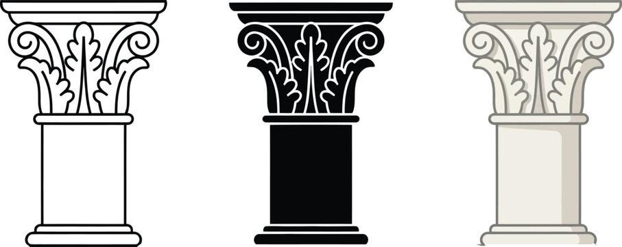 Ancient Greek Corinthian column vector set, classical architectural pillar icons, ornate marble capital illustrations for history and law