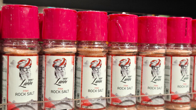 Lunn Brand Pink Rock Salt Spice Grinder Bottles Lined Up on Retail Store Supermarket Shelf on August 19, 2026 in Bangkok,  Thailand 