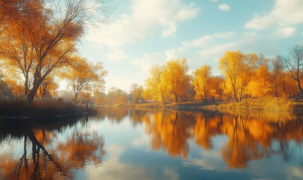 Scenic autumn landscape with golden trees reflecting in a calm river, soft diffused light enhancing warm tones, peaceful outdoor retreat,