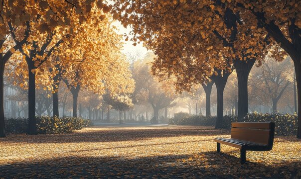 Scenic autumn park with a bench surrounded by trees with golden leaves, soft golden light creating a calm and serene atmosphere