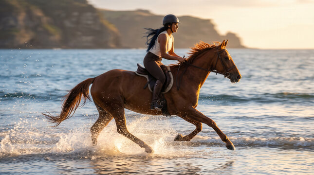 Woman Riding a Chestnut Horse through Shallow Surf at Sunset