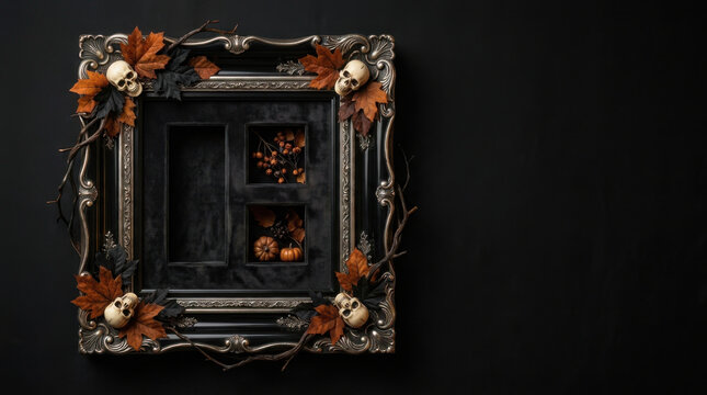 Dark Gothic Halloween Frame Decorated with Skulls and Autumn Foliage on a Black Background for Seasonal Holiday Celebration