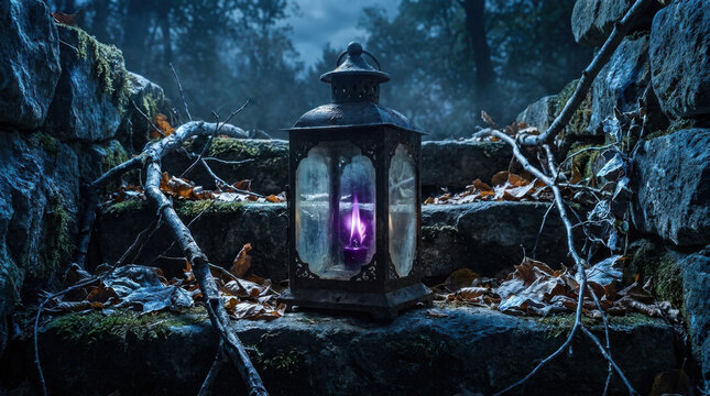An Eerie Antique Lantern Casting a Mysterious Glowing Purple Flame Upon Ancient Stone Forest Steps Surrounded by Autumn Fallen Leaves
