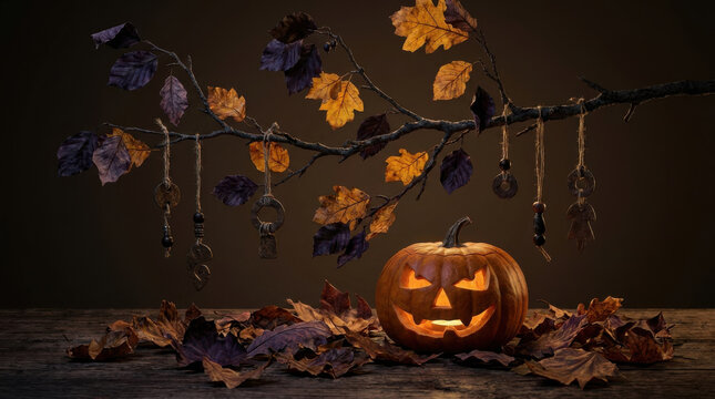 Spooky Halloween Jack-O-Lantern with Glowing Light Amidst Fallen Autumn Leaves and Hanging Vintage Ornaments on a Dark Rustic Background