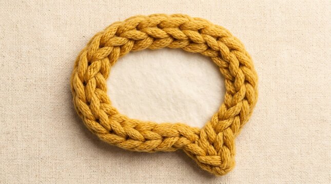 Yellow knitted speech bubble on white fabric background for cozy winter messages handmade yarn craft concept for hobby