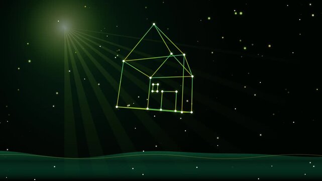 Glowing constellation house wireframe animation in deep space abstract background, home real estate architecture