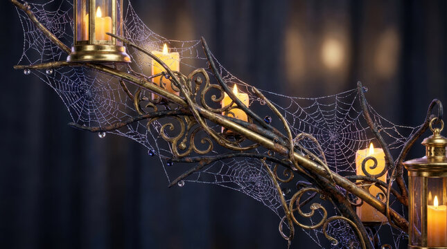 Ornate Metallic Candelabra Decorated with Intricate Spiderwebs and Glowing Candles for Atmospheric Halloween Gothic Decor