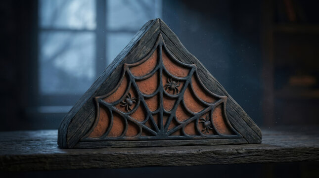 Intricately Carved Triangular Halloween Napkin Holder with Gothic Spiderweb Motif on Rustic Wood Surface for Spooky Seasonal Table Decor