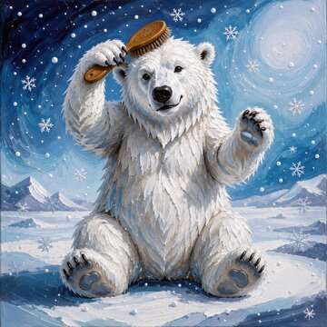 A playful polar bear sits in a snowy landscape, holding a brush above its head as snowflakes gently fall around it, enhancing the wintry scene in an impasto paint effect