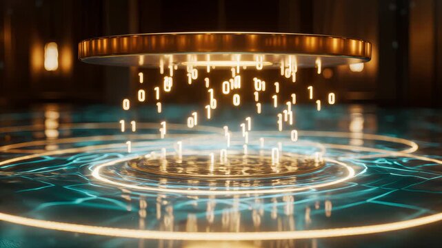 Digital binary code falling from a golden metallic ring into glowing blue water ripples, abstract technological animation. Cyber security, big data, futuristic technology.