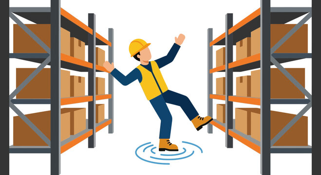 Worker slipping on warehouse floor spill.