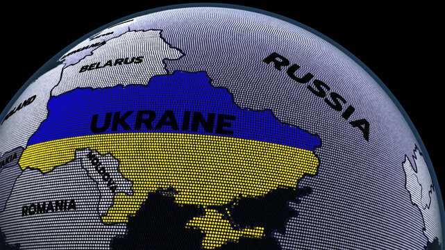a digital futuristic-style globe focusing on UKRAINE, UKRAINE map, Ukraine Flag, Eastern Europe.,