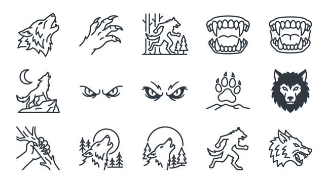 Collection of black and white line art werewolf icons featuring howling wolves, beastly claws, snarling fangs, full moon silhouettes, predator eyes, and paw prints on a white background.
