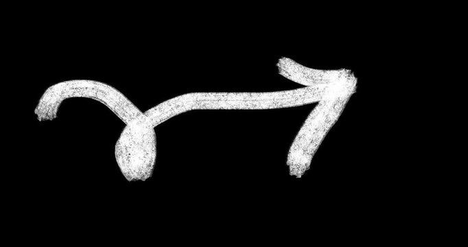 Animated hand-drawn white arrow doodle video overlay. Sketchy looped pointing marker with transparent alpha channel for tutorials and vlogs, video and presentations editing integration.