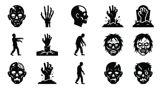 Collection of 15 black and white zombie icons including undead heads with exposed brains, skeletal hands rising from the ground, tombstones, and walking silhouettes on white background.