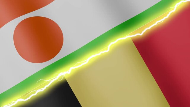 Two waving flags Niger and Belgium with diagonal lightning seamless, 4k loop
