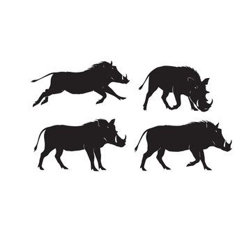 Warthog Silhouette Set Black and White Vector Warthog Silhouettes Collection Wildlife Illustration Warthog Silhouette Set African Animal Vector