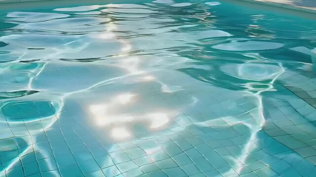 Summer hot vibe lifestyle. A closeup of a swimming pools surface shows the ripples and reflections of the water. The water is a vibrant turquoise color, reflecting the surrounding environment.
