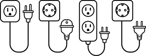 Electrical power outlet socket and plug icon set featuring international type b and schuko f adapters extension cords wire vector illustrations for graphic design © mdhusne