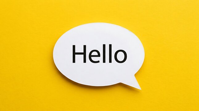 White speech bubble with text hello on a yellow background