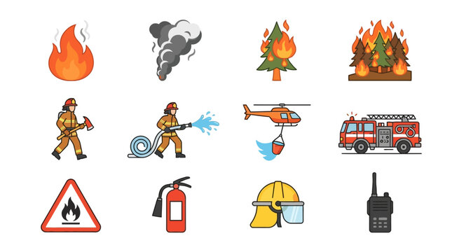 Flat vector forest fire emergency icon collection, flame, smoke, burning tree, firefighter, water hose, helicopter, emergency vehicle, warning triangle, simple geometric shapes, white background, clea