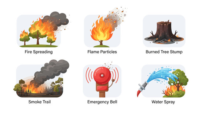 Flat vector simple forest fire icon set, fire spreading between trees, flame particles, smoke trail, burned tree stump, emergency bell, water spray, clean rounded shapes, white background, modern comm