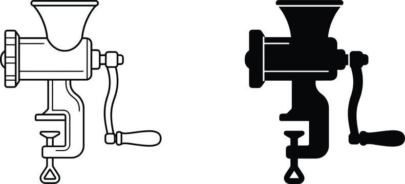 Vintage manual meat grinder icon set featuring line and solid glyph styles for kitchen cooking butcher tools equipment vectors