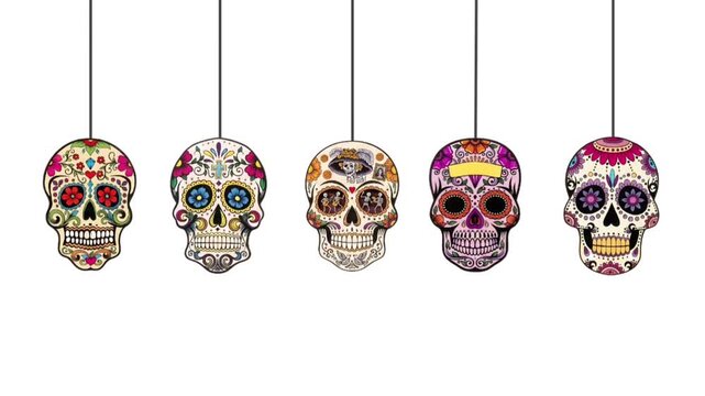 Animated Colorful Mexican Sugar Skulls for Dia de los Muertos Celebration, Perfect for Festive Backgrounds and Holiday Cultural Content