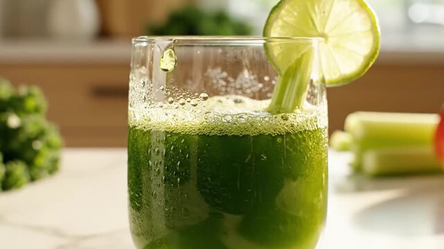 Healthy green beverage fills clear glass as thick juice flows from pitcher. Lime wheel, celery stalk, and frothy surface create fresh breakfast prep on marble counter during pouring preparation.
