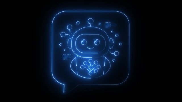 Blue futuristic robot face inside glowing chat bubble icon