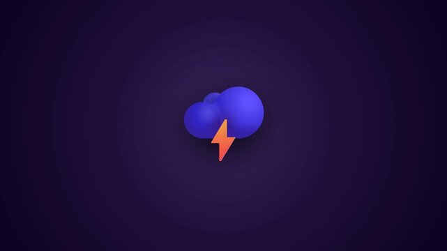 3D render of a weather forecast icon featuring a purple cloud and orange lightning bolt on dark background