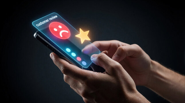 Person uses smartphone giving a one star customer review. Digital interface shows sad face icon and low rating. Unhappy client leaves feedback about poor service.