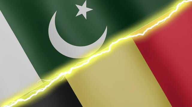 Two waving flags Pakistan and Belgium with diagonal lightning seamless, 4k loop