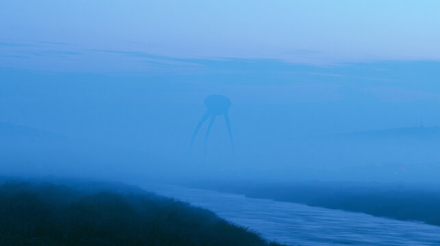 Distant Alien Creature Emerging Through Blue Coastal Mist