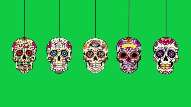 Colorful Mexican Sugar Skull animation for D&iacute;a de los Muertos celebrations against a green background; perfect as a festive backdrop and for holiday cultural content.