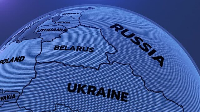 a stylized geopolitical globe/map focused on Eastern Europe, highlighting Ukraine, Russia, Belarus, Poland,  Slovakia, 