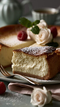 Creamy Cheesecake Slice with Raspberries and Powdered Sugar