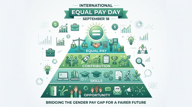 International Equal Pay Day infographic, gender pay gap pyramid with business icons, fair salary and workplace opportunity concept
